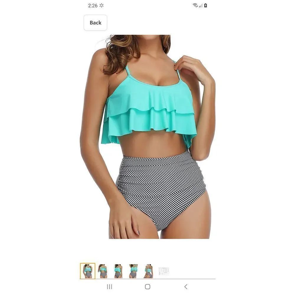 New Small Greenish Blue 2pc Tempt Me Ruffle High-Waist Ruched Bikini Swi…